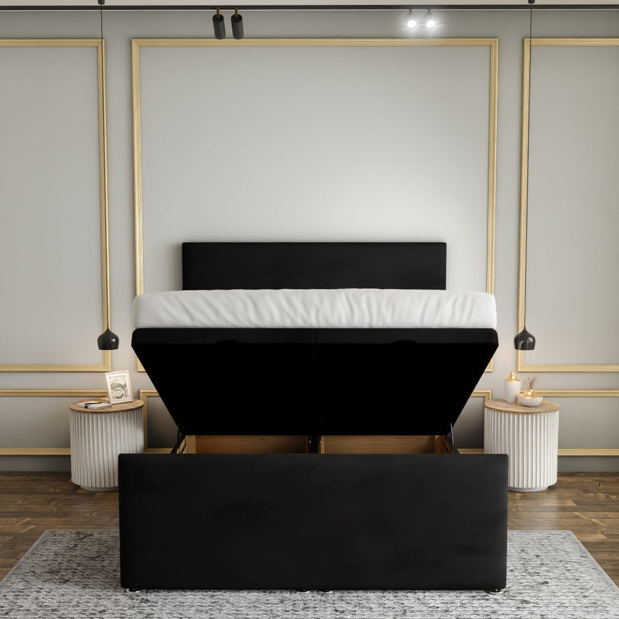 Maya Plain Ottoman Storage Divan Bed Set With Footboard - Black Plush