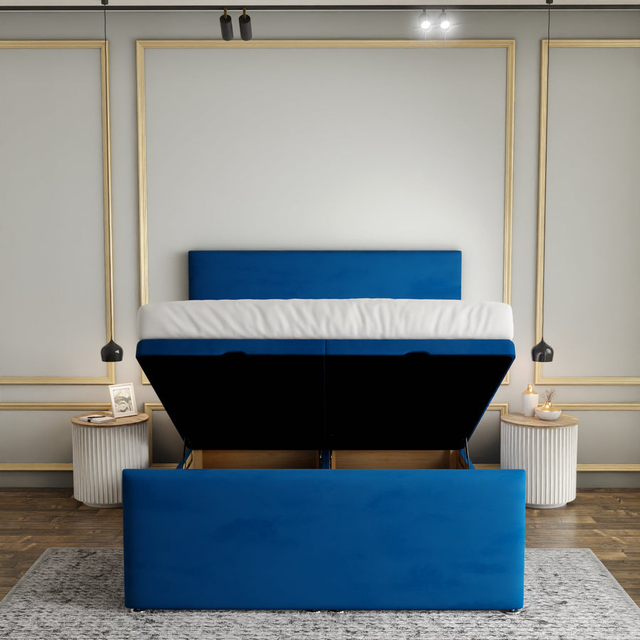 Maya Plain Ottoman Storage Divan Bed Set With Footboard - Blue Plush