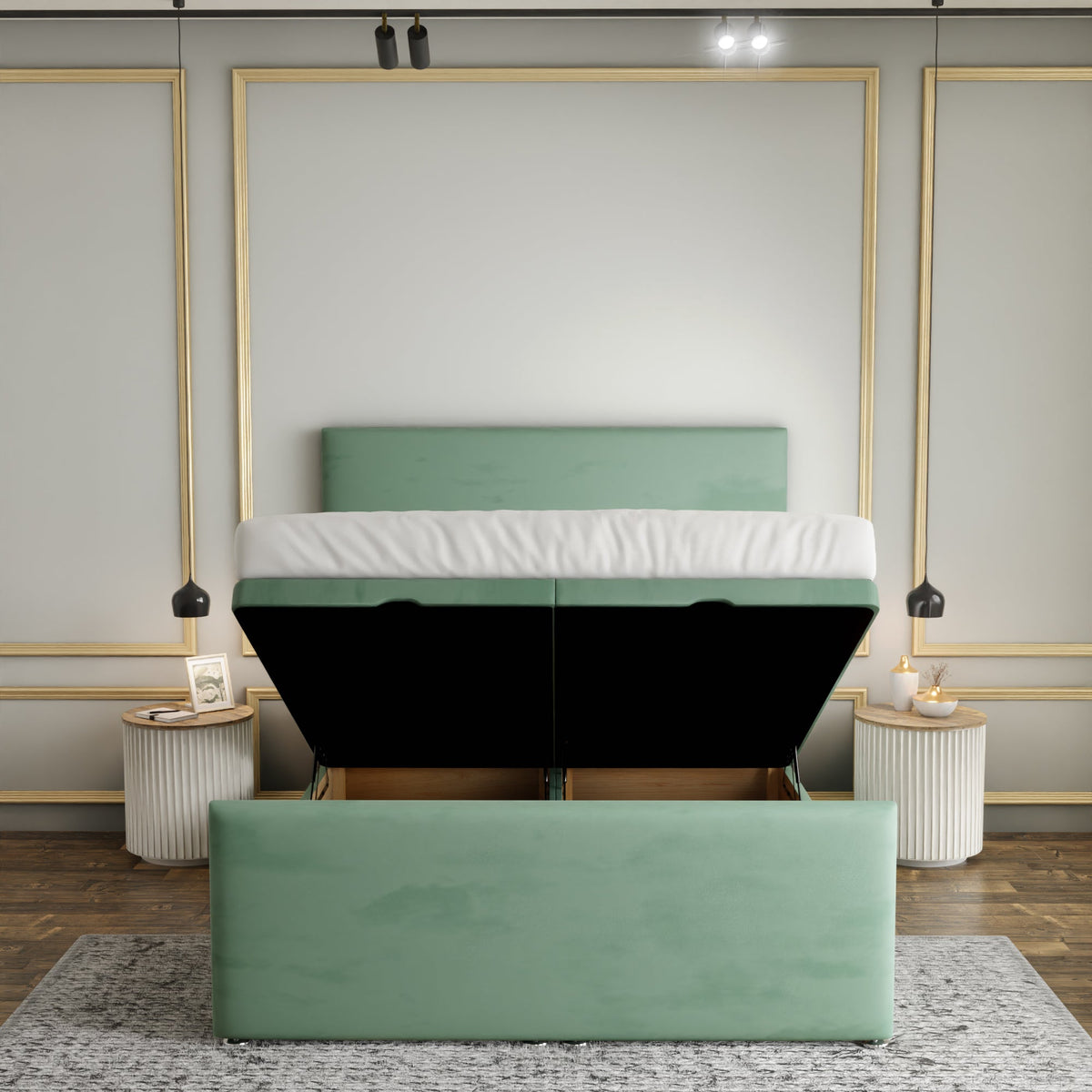 Maya Plain Ottoman Storage Divan Bed Set With Footboard - Duck Egg Plush