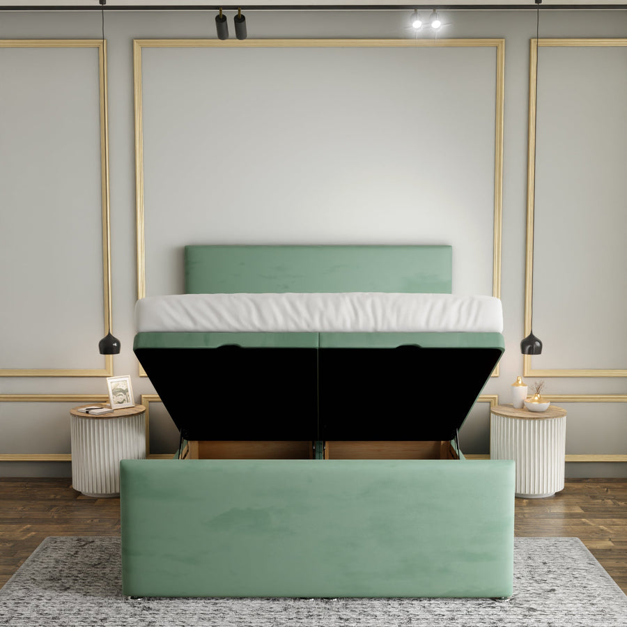 Maya Plain Ottoman Storage Divan Bed Set With Footboard - Duck Egg Plush