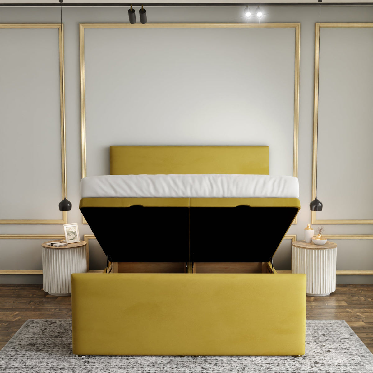 Maya Plain Ottoman Storage Divan Bed Set With Footboard - Turmeric Plush
