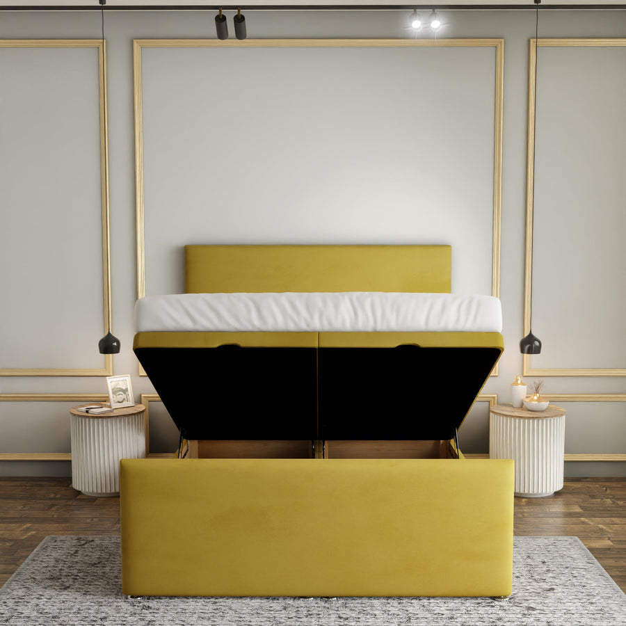 Maya Plain Ottoman Storage Divan Bed Set With Footboard - Turmeric Plush