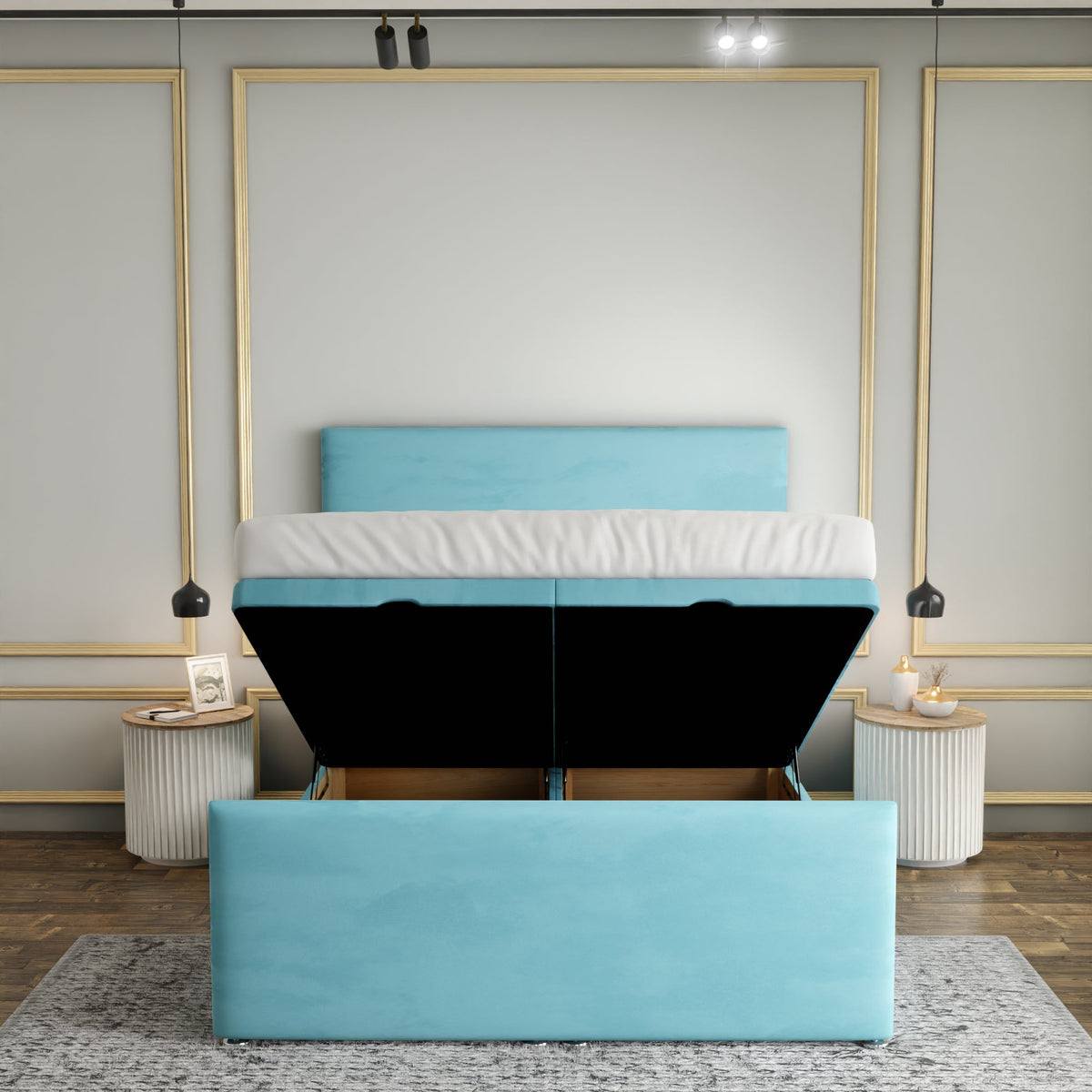 Maya Plain Ottoman Storage Divan Bed Set With Footboard - Ice Blue Plush