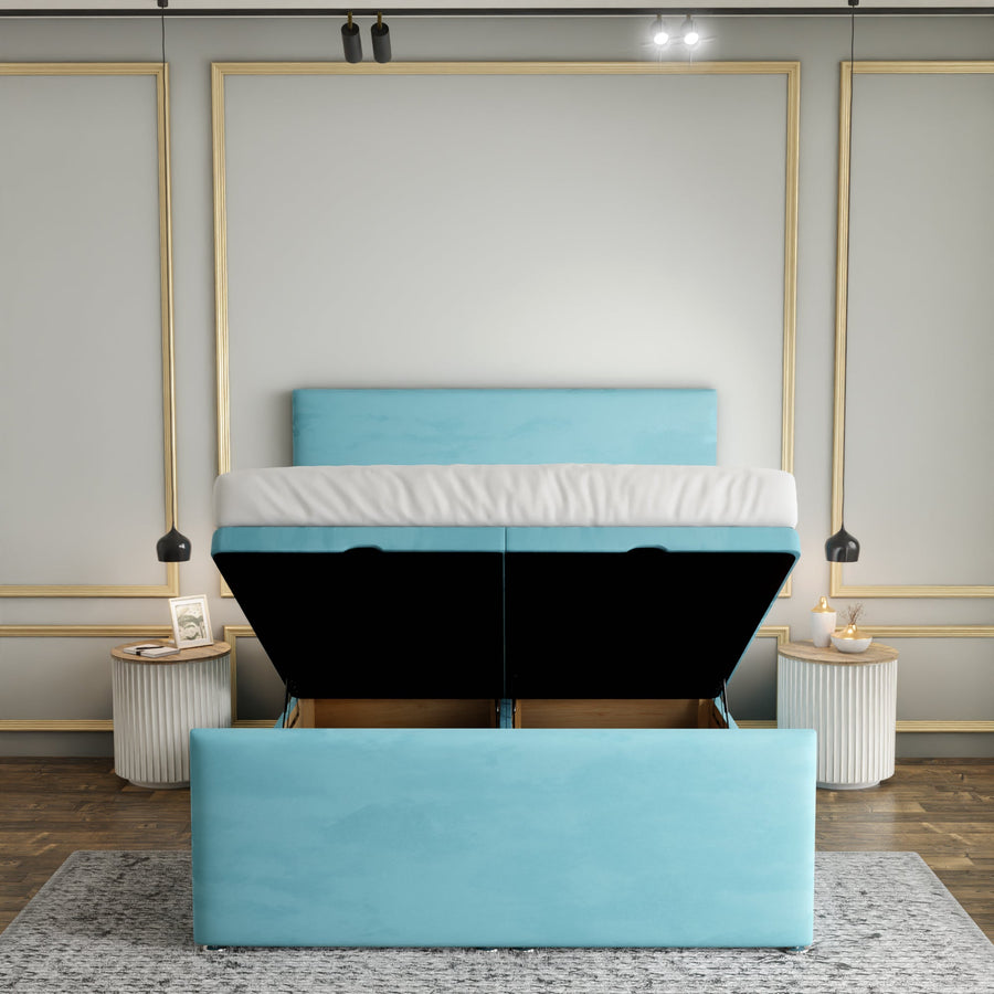 Maya Plain Ottoman Storage Divan Bed Set With Footboard - Ice Blue Plush