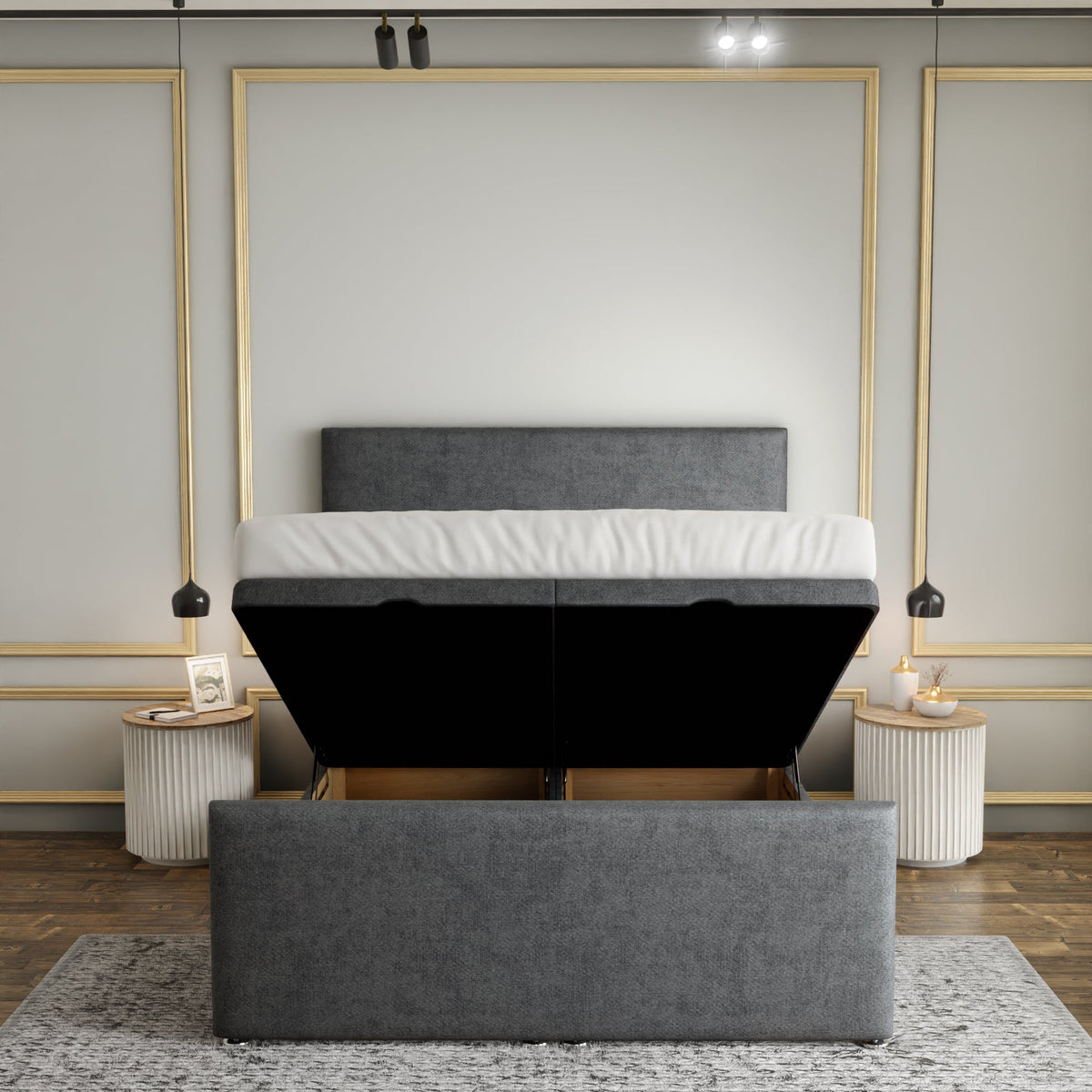 Maya Plain Ottoman Storage Divan Bed Set With Footboard - Grey Naples