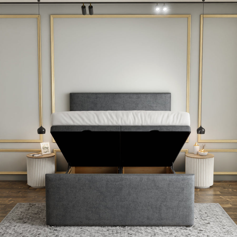 Maya Plain Ottoman Storage Divan Bed Set With Footboard - Grey Naples