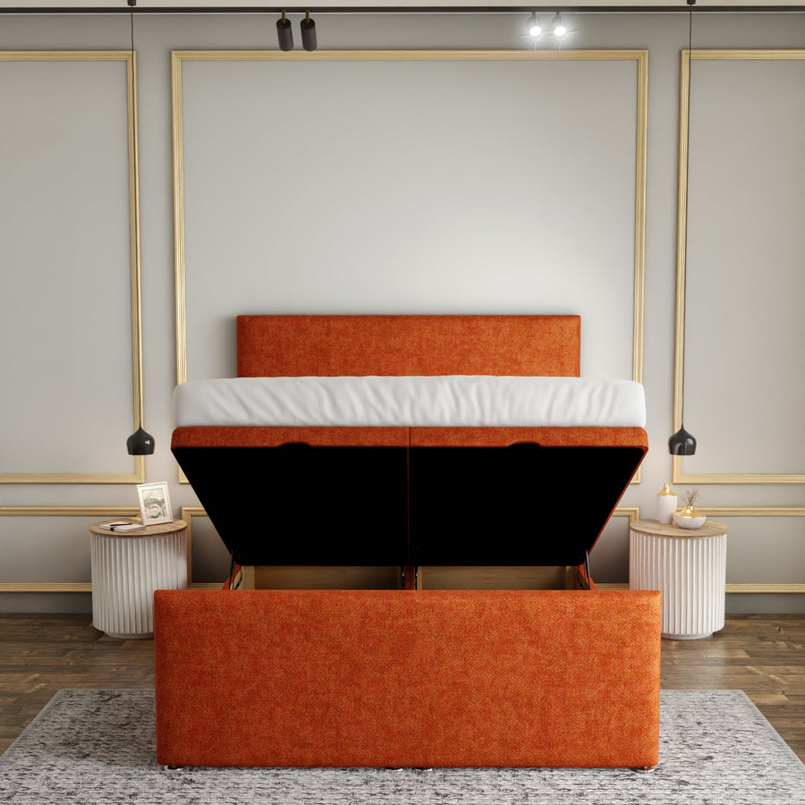 Maya Plain Ottoman Storage Divan Bed Set With Footboard - Orange Naples
