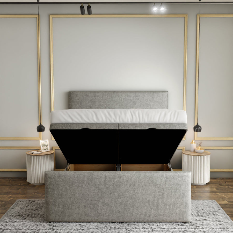 Maya Plain Ottoman Storage Divan Bed Set With Footboard - Silver Naples