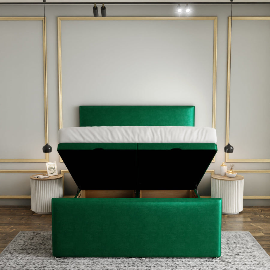 Maya Plain Ottoman Storage Divan Bed Set With Footboard - Emerald Coniston