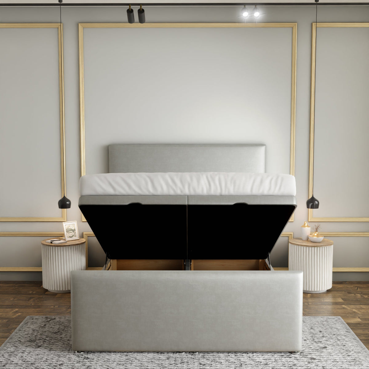 Maya Plain Ottoman Storage Divan Bed Set With Footboard - Silver Coniston