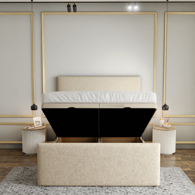 Maya Plain Ottoman Storage Divan Bed Set With Footboard - Cream Teddy
