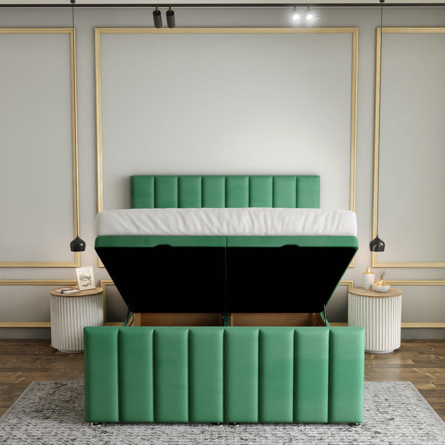 Amelia Lines Ottoman Storage Divan Bed Set With Footboard - Emerald Plush