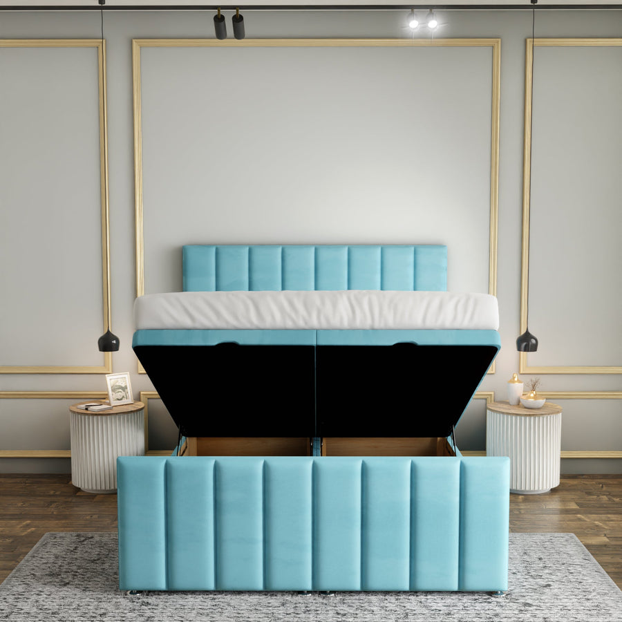 Amelia Lines Ottoman Storage Divan Bed Set With Footboard - Ice Blue Plush