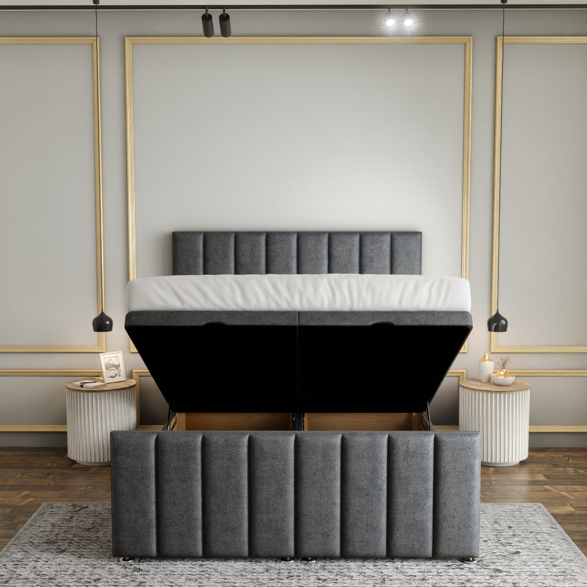 Amelia Lines Ottoman Storage Divan Bed Set With Footboard - Grey Naples