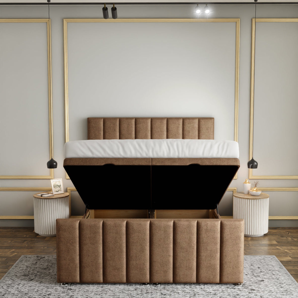Amelia Lines Ottoman Storage Divan Bed Set With Footboard - Mink Beige Naples