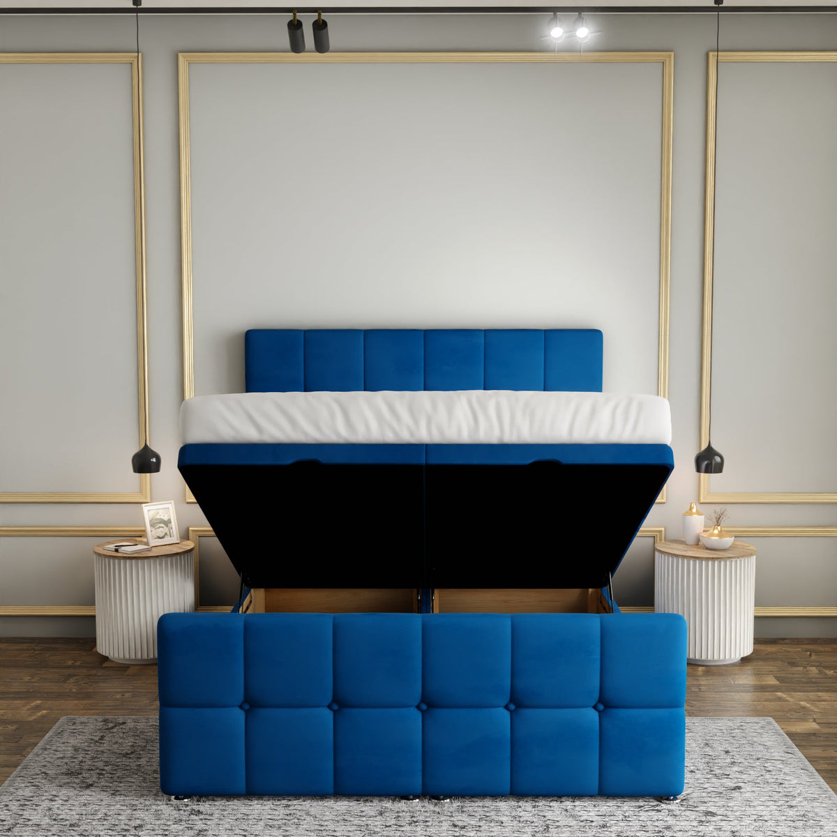 Ayra Cube Ottoman Storage Divan Bed Set With Footboard - Blue Plush