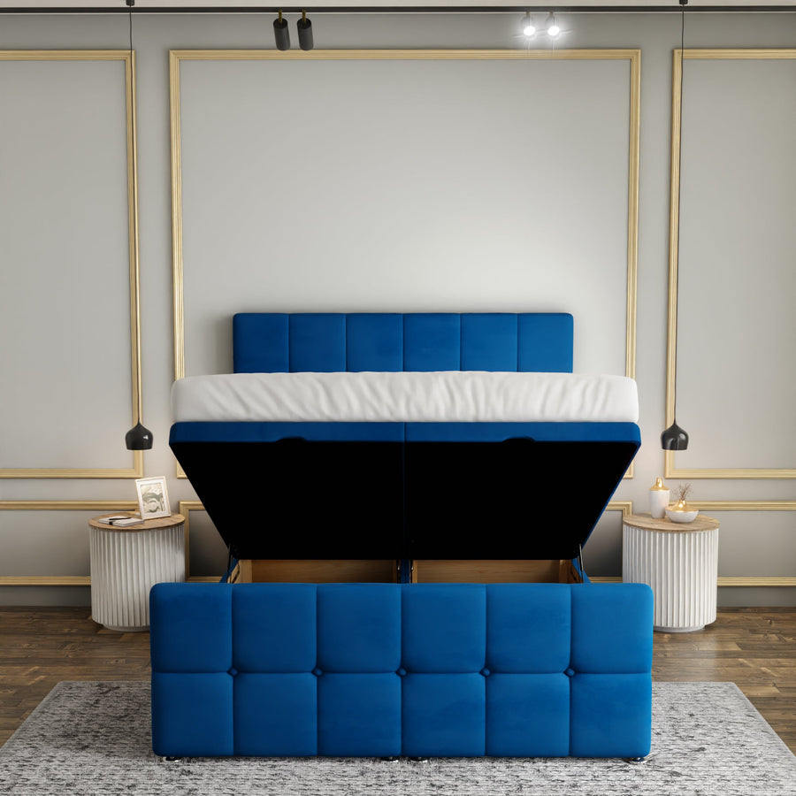 Ayra Cube Ottoman Storage Divan Bed Set With Footboard - Blue Plush