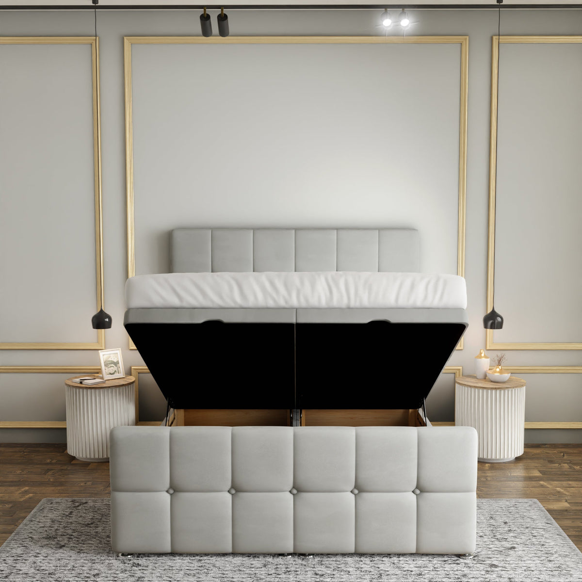 Ayra Cube Ottoman Storage Divan Bed Set With Footboard - Silver Plush