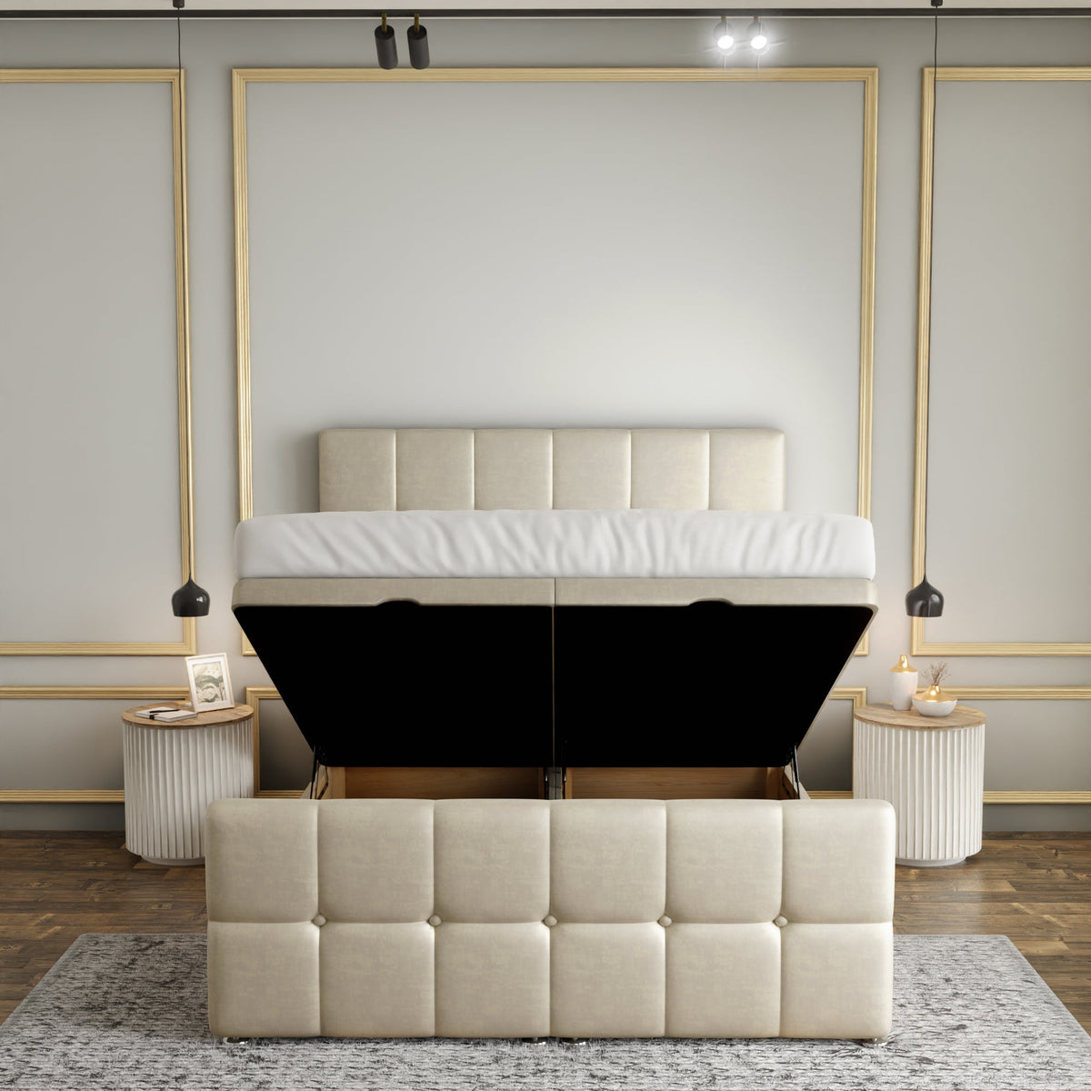 Ayra Cube Ottoman Storage Divan Bed Set With Footboard - Cream Coniston