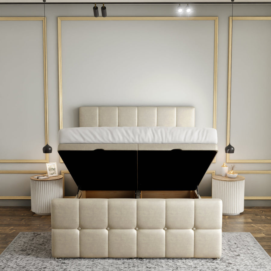 Ayra Cube Ottoman Storage Divan Bed Set With Footboard - Cream Coniston