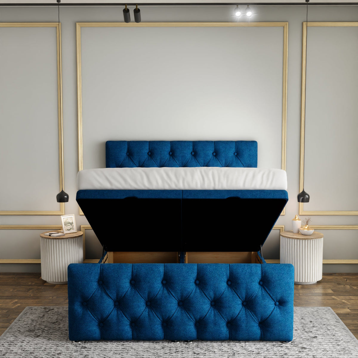 Lara Chesterfield Ottoman Storage Divan Bed Set With Footboard - Blue Naples