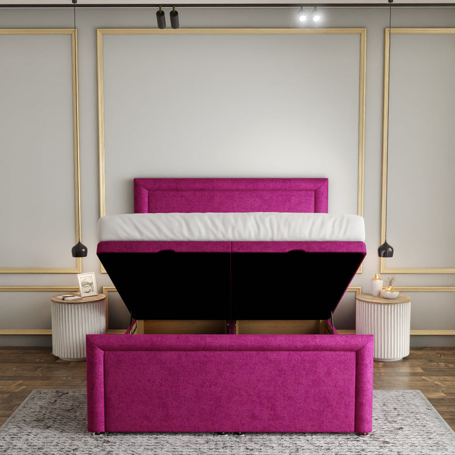 Ivy Bumper Border Ottoman Storage Divan Bed Set With Footboard - Pink Naples