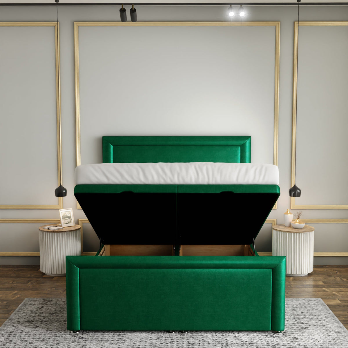 Ivy Bumper Border Ottoman Storage Divan Bed Set With Footboard - Emerald Coniston
