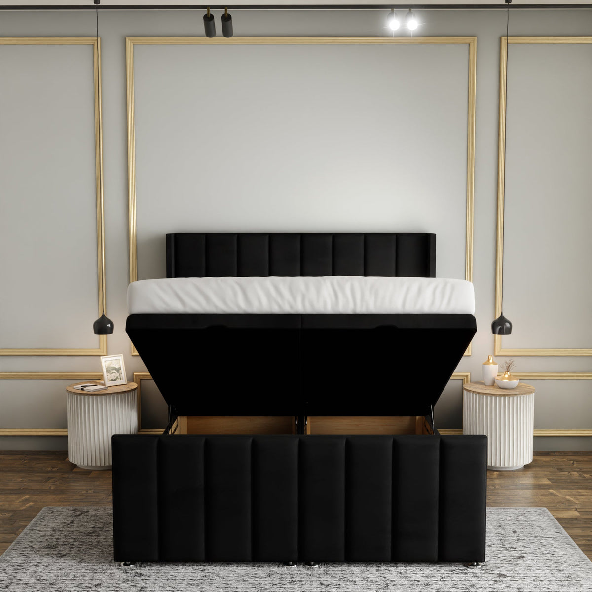 Amelia Lines Wingback Ottoman Storage Divan Bed Set With Footboard - Black Plush
