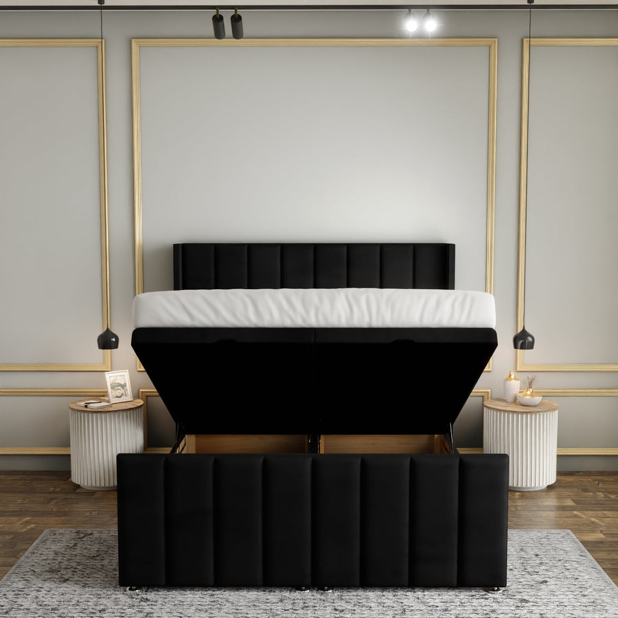Amelia Lines Wingback Ottoman Storage Divan Bed Set With Footboard - Black Plush
