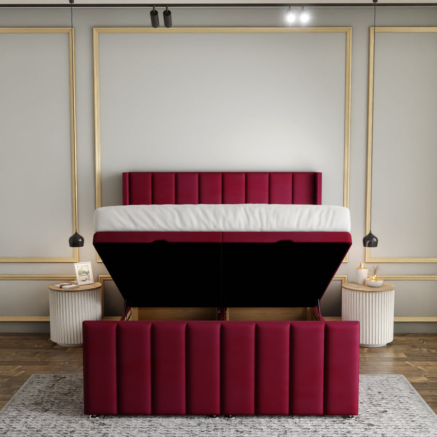 Amelia Lines Wingback Ottoman Storage Divan Bed Set With Footboard - Burgundy Plush