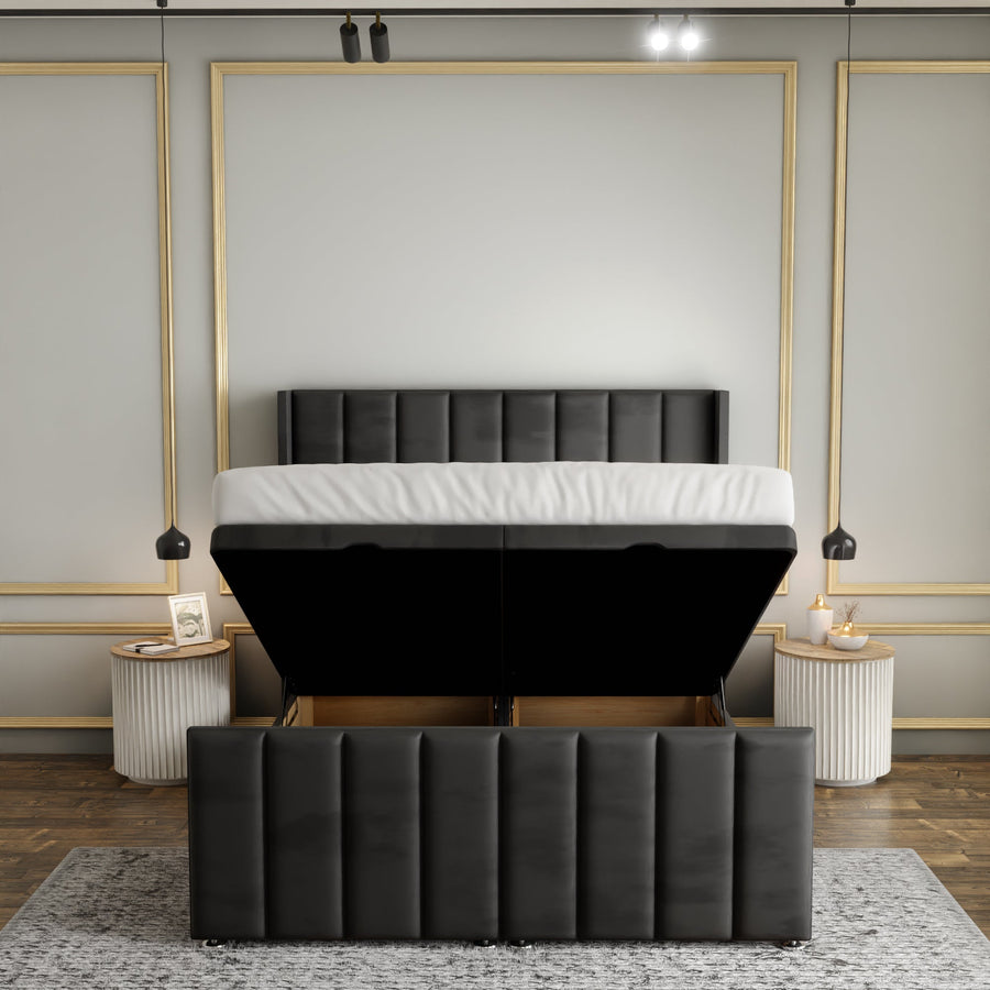Amelia Lines Wingback Ottoman Storage Divan Bed Set With Footboard - Steel Grey Plush