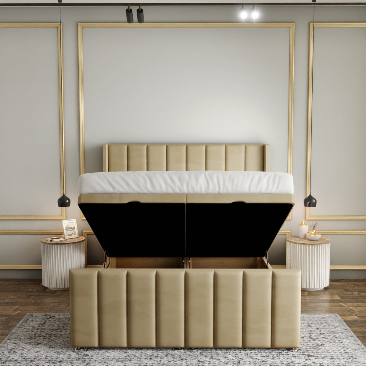 Amelia Lines Wingback Ottoman Storage Divan Bed Set With Footboard - Mink Plush
