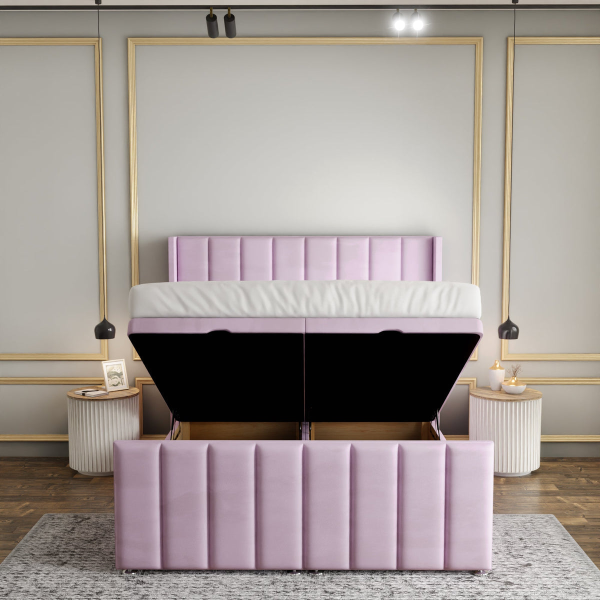 Amelia Lines Wingback Ottoman Storage Divan Bed Set With Footboard - Baby Pink Plush
