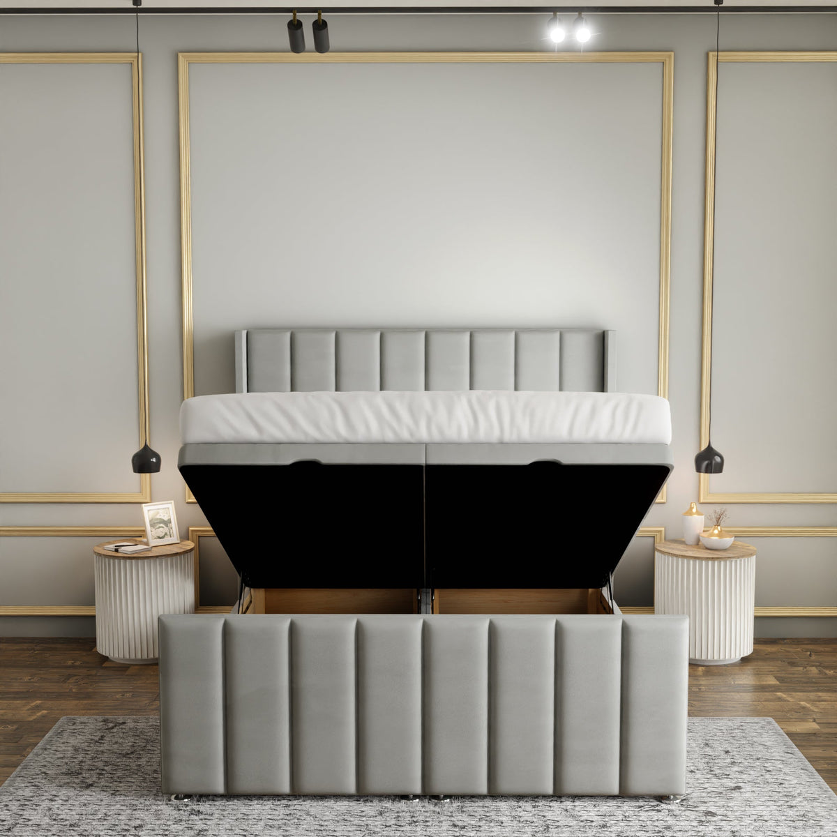 Amelia Lines Wingback Ottoman Storage Divan Bed Set With Footboard - Silver Plush