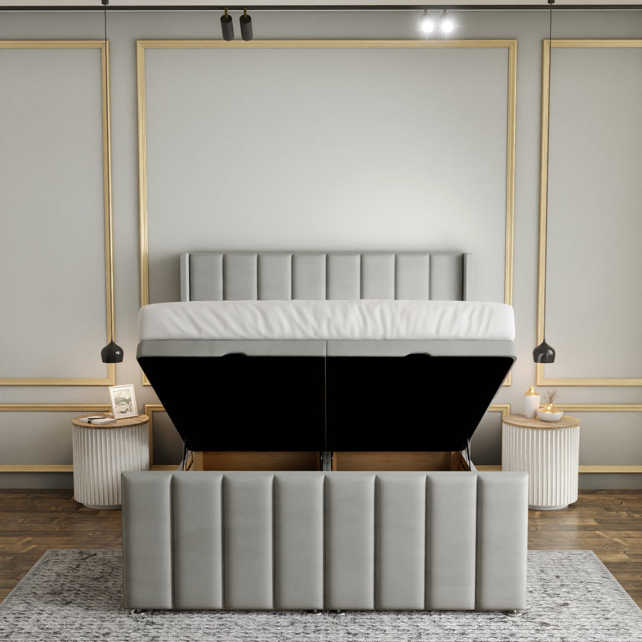 Amelia Lines Wingback Ottoman Storage Divan Bed Set With Footboard - Silver Plush
