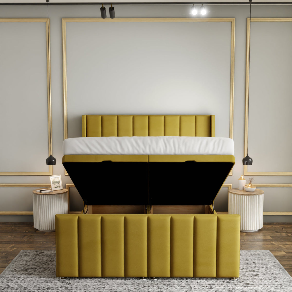 Amelia Lines Wingback Ottoman Storage Divan Bed Set With Footboard - Turmeric Plush