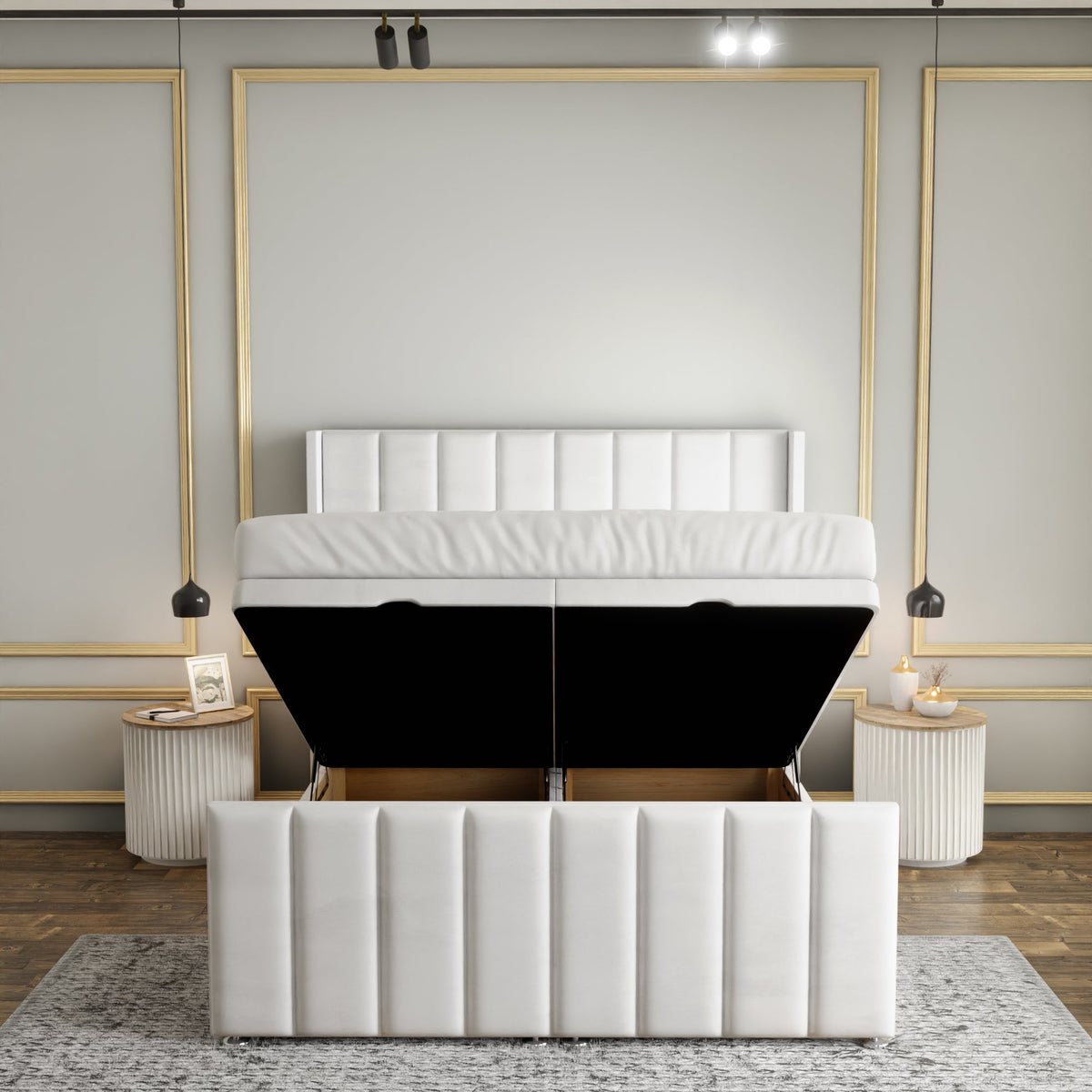 Amelia Lines Wingback Ottoman Storage Divan Bed Set With Footboard - White Plush