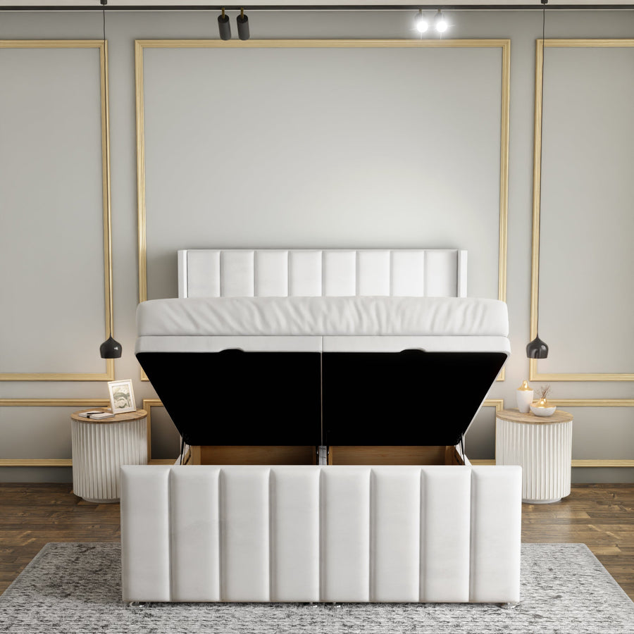 Amelia Lines Wingback Ottoman Storage Divan Bed Set With Footboard - White Plush