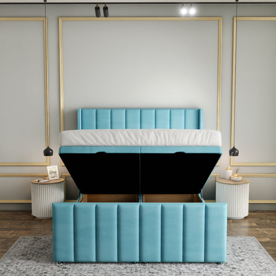 Amelia Lines Wingback Ottoman Storage Divan Bed Set With Footboard - Ice Blue Plush