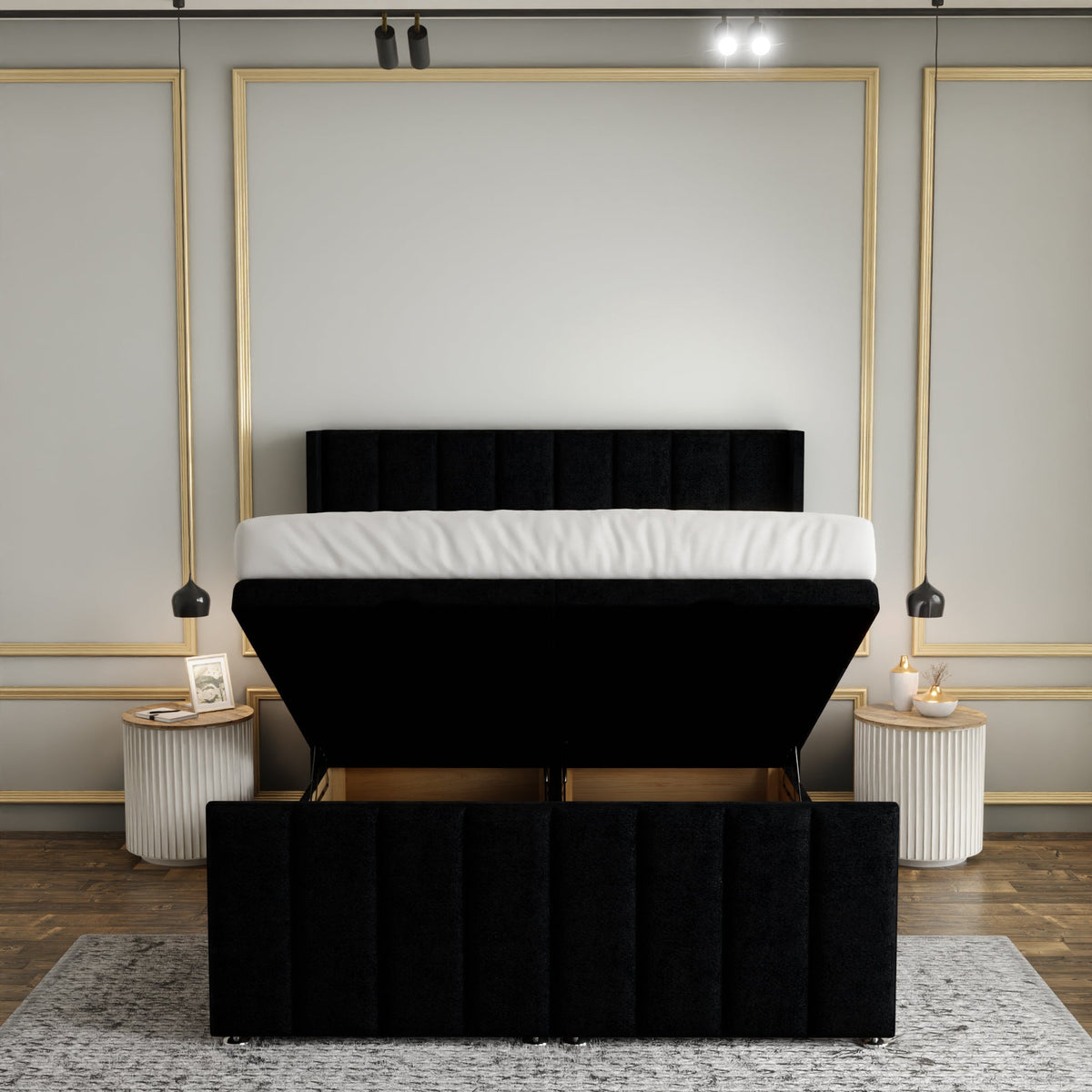 Amelia Lines Wingback Ottoman Storage Divan Bed Set With Footboard - Black Naples
