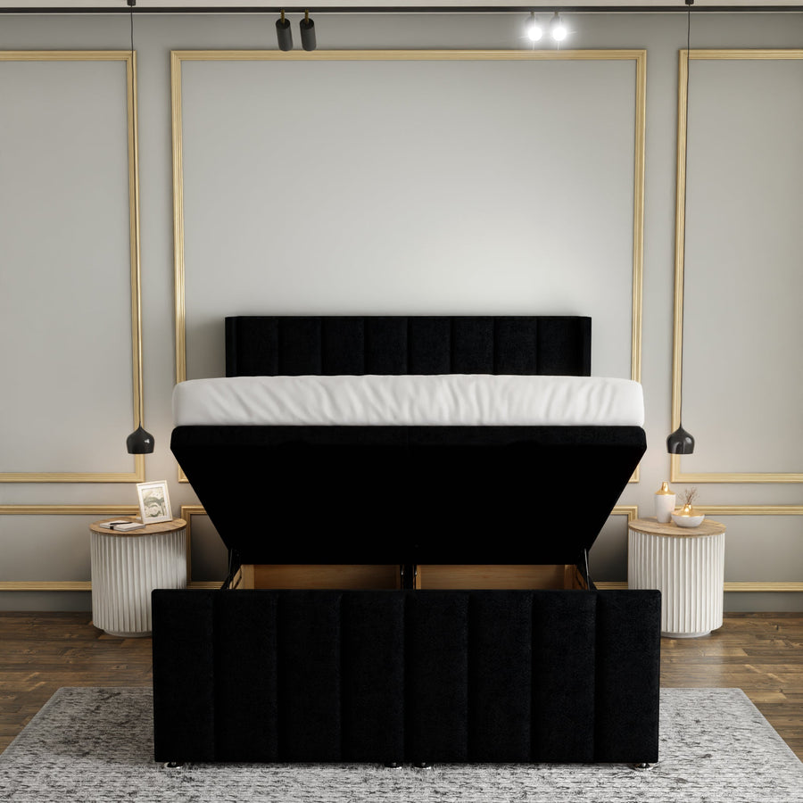 Amelia Lines Wingback Ottoman Storage Divan Bed Set With Footboard - Black Naples