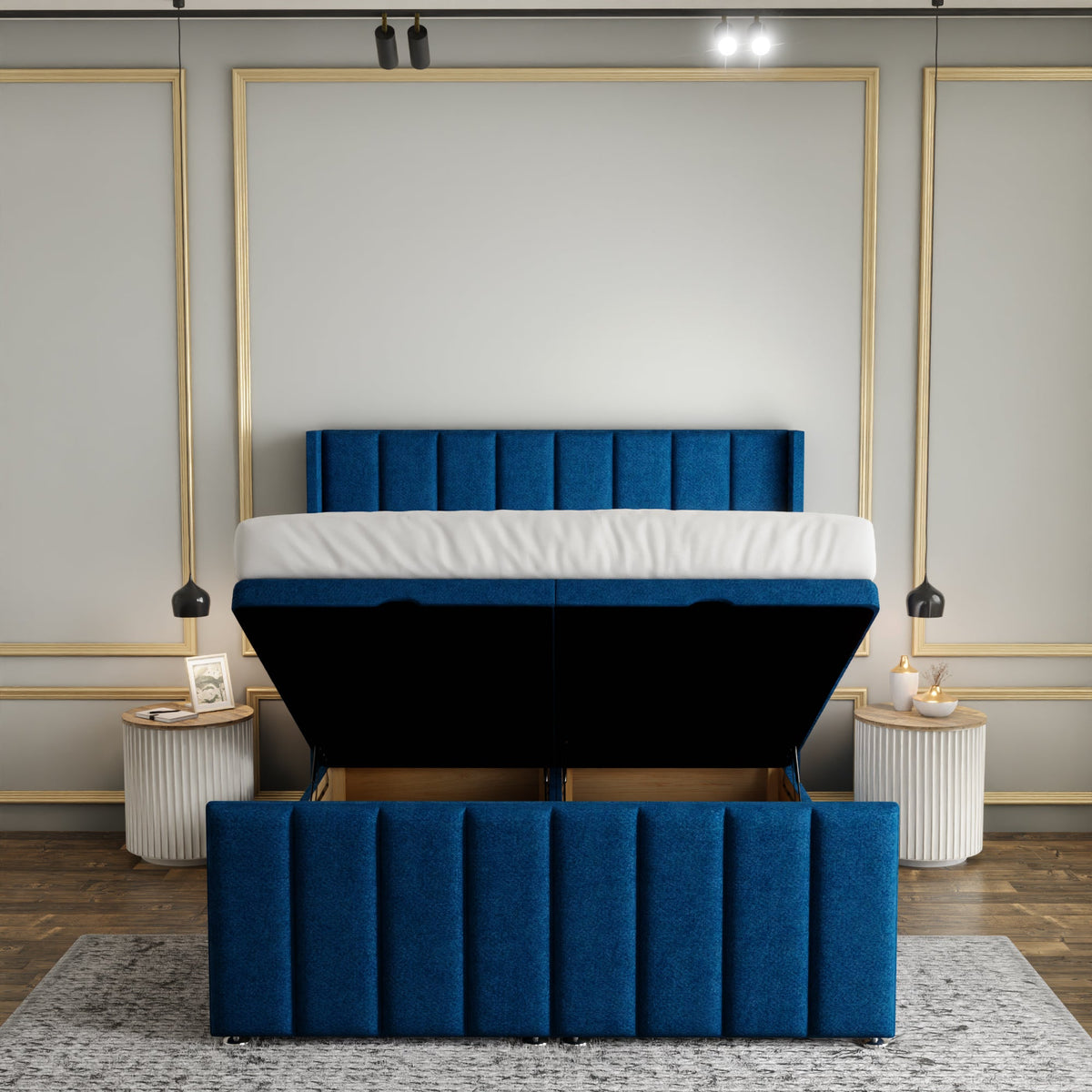Amelia Lines Wingback Ottoman Storage Divan Bed Set With Footboard - Blue Naples