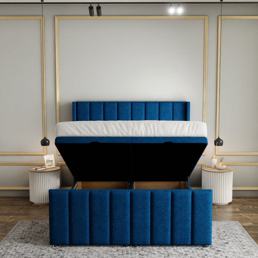 Amelia Lines Wingback Ottoman Storage Divan Bed Set With Footboard - Blue Naples