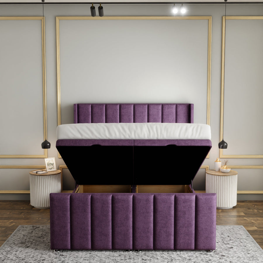 Amelia Lines Wingback Ottoman Storage Divan Bed Set With Footboard - Lilac Naples