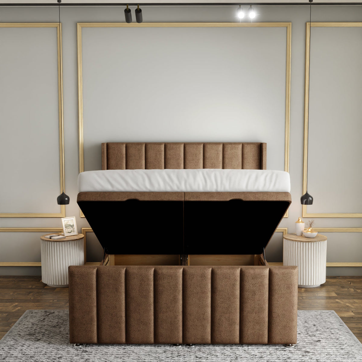 Amelia Lines Wingback Ottoman Storage Divan Bed Set With Footboard - Mink Beige Naples
