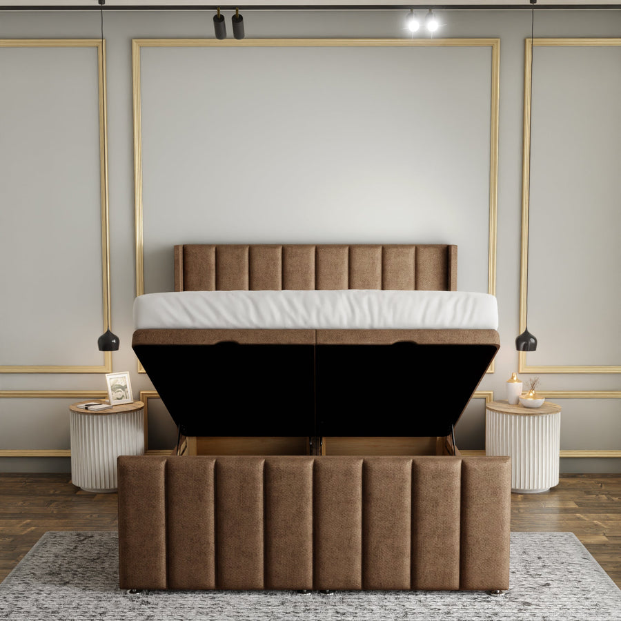 Amelia Lines Wingback Ottoman Storage Divan Bed Set With Footboard - Mink Beige Naples