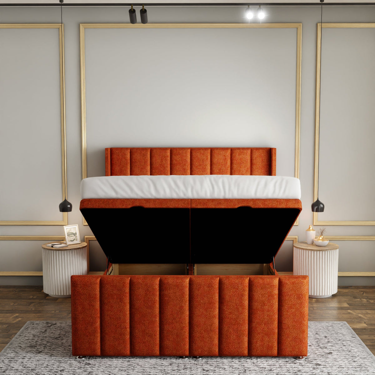Amelia Lines Wingback Ottoman Storage Divan Bed Set With Footboard - Orange Naples