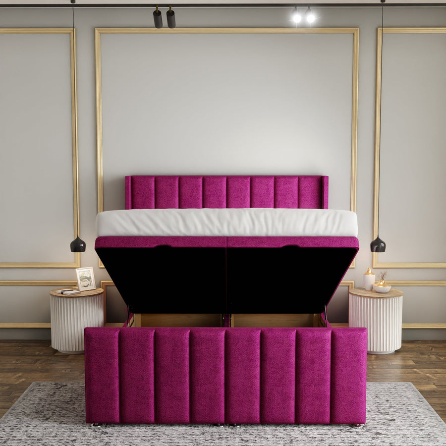 Amelia Lines Wingback Ottoman Storage Divan Bed Set With Footboard - Pink Naples