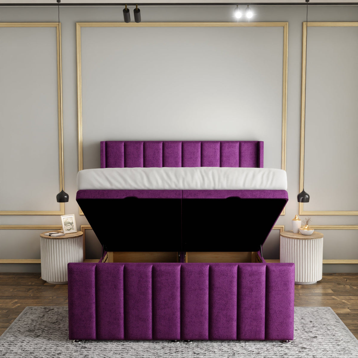Amelia Lines Wingback Ottoman Storage Divan Bed Set With Footboard - Purple Naples