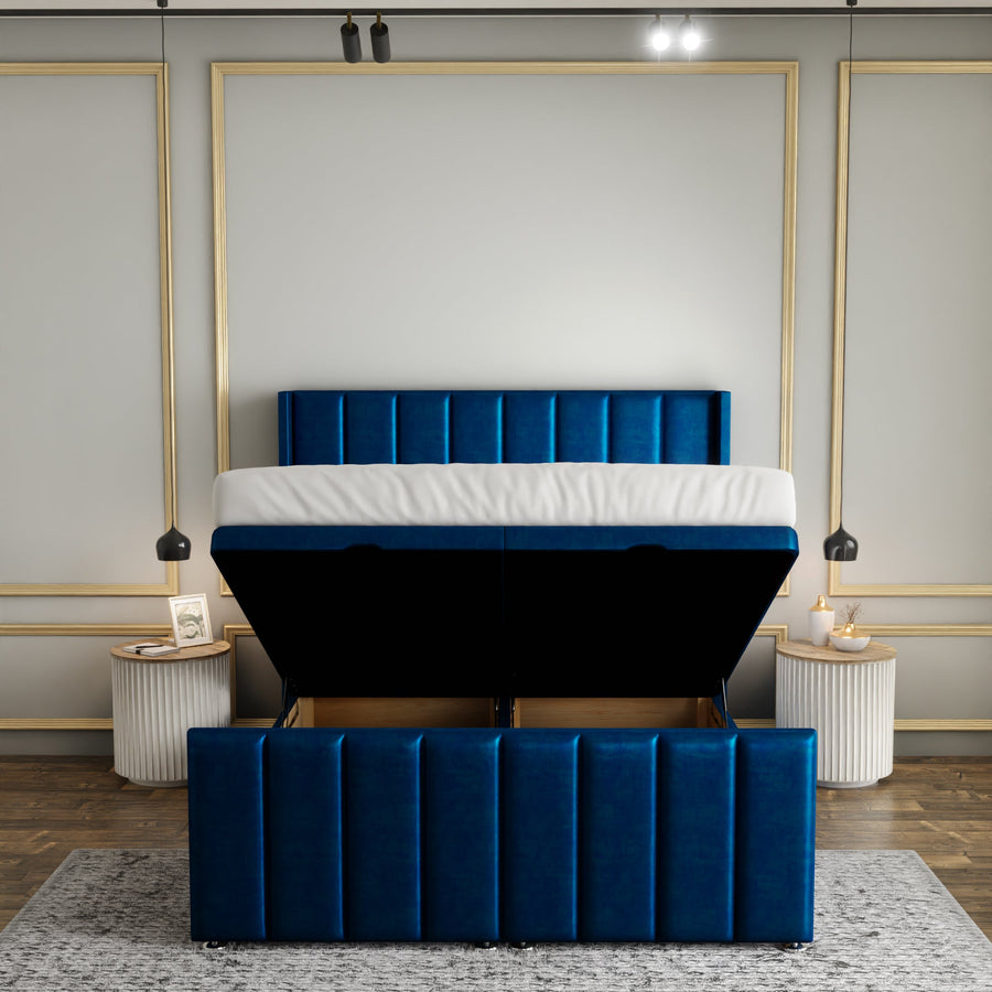 Amelia Lines Wingback Ottoman Storage Divan Bed Set With Footboard - Blue Coniston